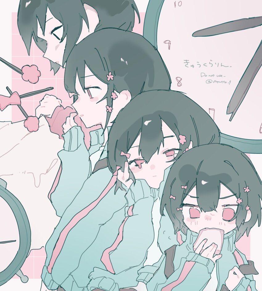 1girl, apu_(aputto_9), aqua_jacket, black_hair, bread, bread_slice, clock, flower, food, food_in_mouth, hair_flower, hair_ornament, hands_on_own_face, hashtag-only_commentary, highres, iyowa_girls, jacket, kurari-chan_(iyowa), kyu-kurarin_(cevio), long_sleeves, multiple_views, pastel_colors, pink_eyes, pink_flower, short_hair, tears, tears_from_one_eye, toast, track_jacket, twitter_username