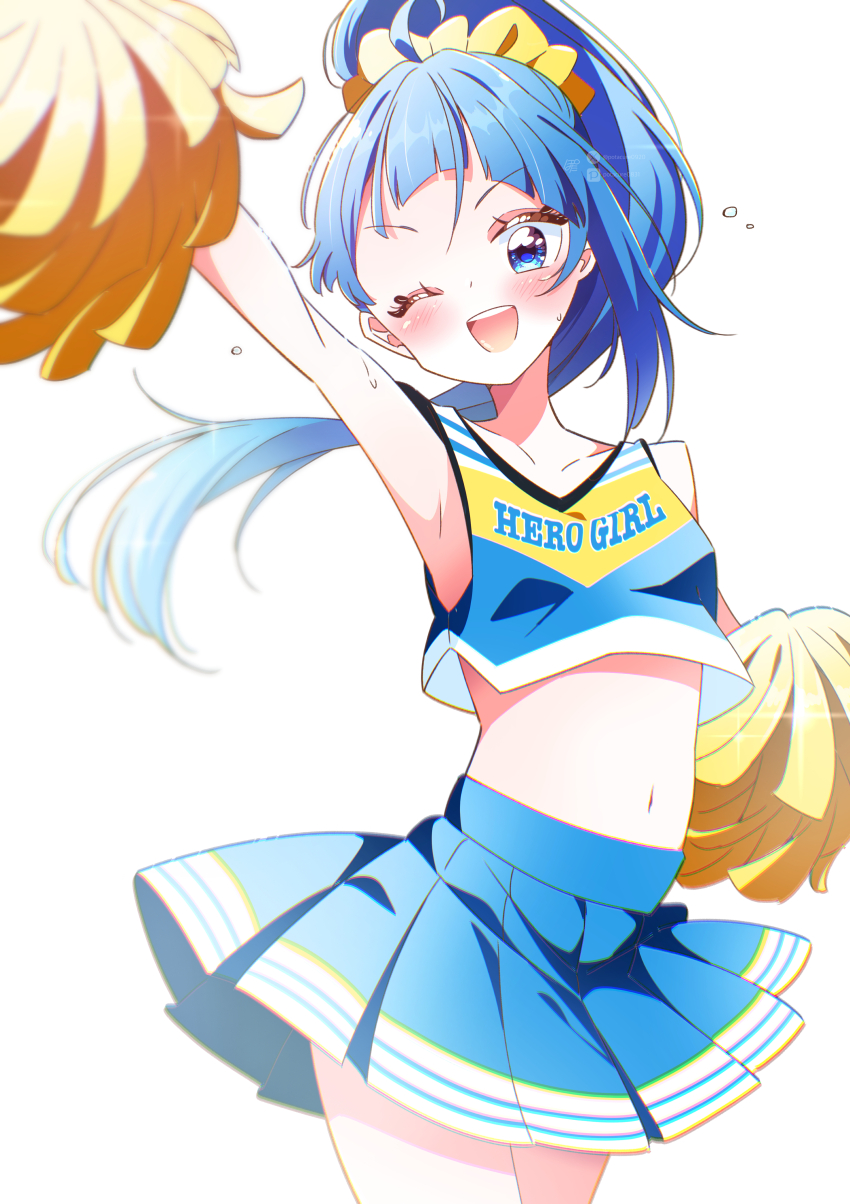 1girl, absurdres, ahoge, arm_up, armpits, blue_eyes, blue_hair, blush, cheerleader, commentary_request, crop_top, highres, hirogaru_sky!_precure, holding, holding_pom_poms, long_hair, midriff, navel, one_eye_closed, open_mouth, pixiv_username, pleated_skirt, pom_pom_(cheerleading), pom_poms, ponytail, potacure, precure, scrunchie, signature, single_sidelock, skirt, smile, solo, sora_harewataru, sweat, twitter_username, two-tone_shirt, two-tone_skirt, white_background, yellow_scrunchie