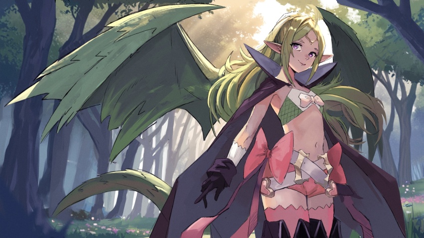1girl, bow, closed_mouth, commentary, dragon_girl, dragon_tail, dragon_wings, fire_emblem, fire_emblem_awakening, forest, green_hair, highres, long_hair, nature, navel, nintendo, nowi_(fire_emblem), outdoors, pink_bow, purple_eyes, rod_langhi, smile, solo, standing, tail, tree, wings