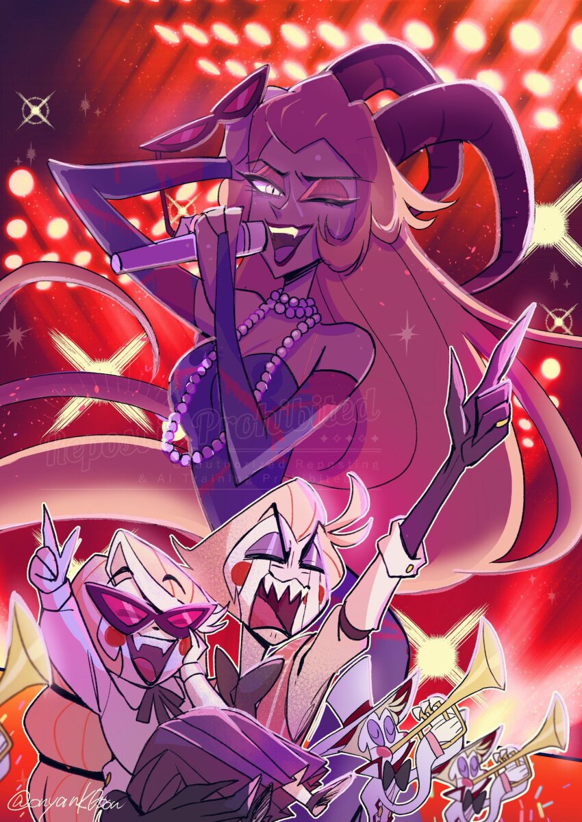 1boy, 2girls, blonde_hair, charlie_morningstar, child, demon_boy, demon_girl, demon_horns