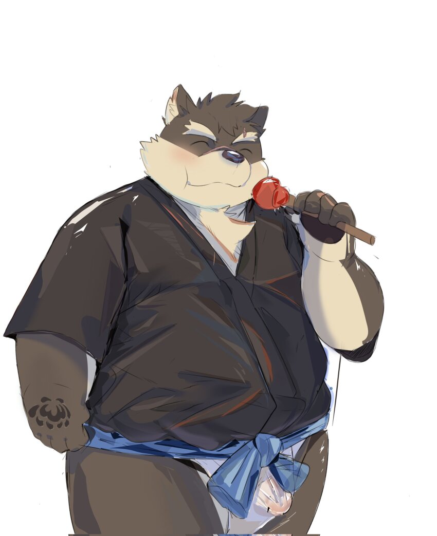1boy, animal_ears, black_kimono, blush, brown_fur, bulge, candy_apple, chest_fur, claws, closed_eyes, commentary_request, dog_boy, dog_ears, animal_nose, eating, floral_print, food, fundoshi, furry, furry_male, highres, holding, holding_candy_apple, holding_food, japanese_clothes, kimono, male_focus, moritaka_(housamo), pawpads, peony_print, scar, scar_across_eyebrow, scar_on_face, scar_on_nose, smile, tengzai05, tokyo_houkago_summoners, yukata