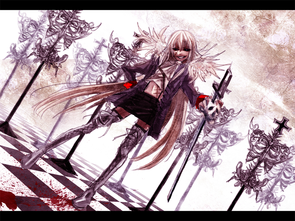 1girl, axis_powers_hetalia, bad_id, bad_pixiv_id, blood, boots, checkered_floor, crazy