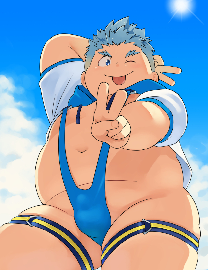 1boy, arm_behind_head, blue_hair, blue_sky, bulge, cloud, cloudy_sky, commentary_request