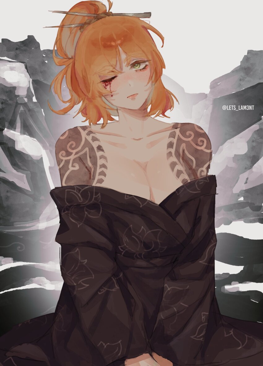 1girl, absurdres, bare_shoulders, black_kimono, breasts, cleavage, cowboy_shot, hair_ornament