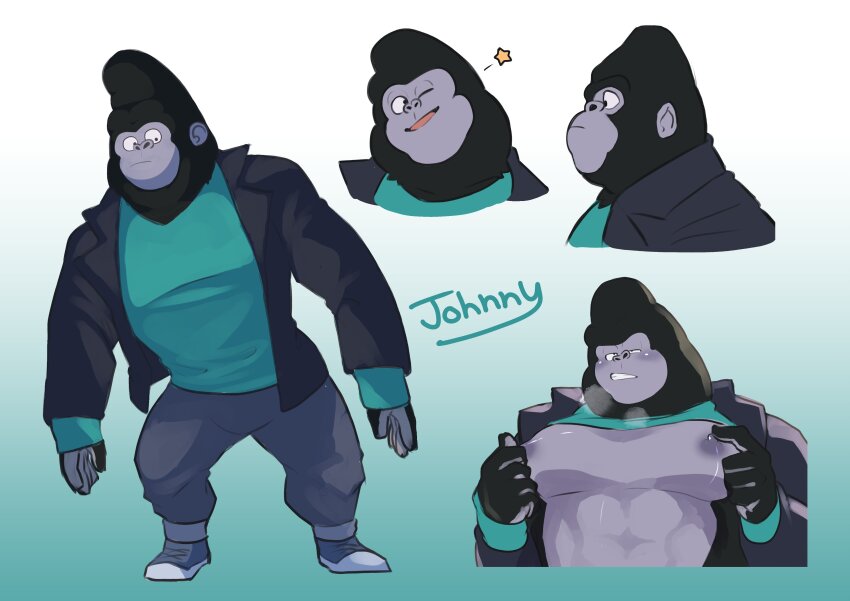 1boy, abs, absurdres, bara, black_fur, black_jacket, character_name, commentary_request, cross-eyed, furry, furry_male, gorilla_boy, green_shirt, grey_pants, highres, jacket, johnny_(sing), looking_at_viewer, male_focus, multiple_views, muscular, muscular_male, nipple_stimulation, nipple_tweak, nipples, one_eye_closed, osu_(osumankokuou), pants, pectorals, profile, shirt, sing_(movie), standing, star_(symbol)