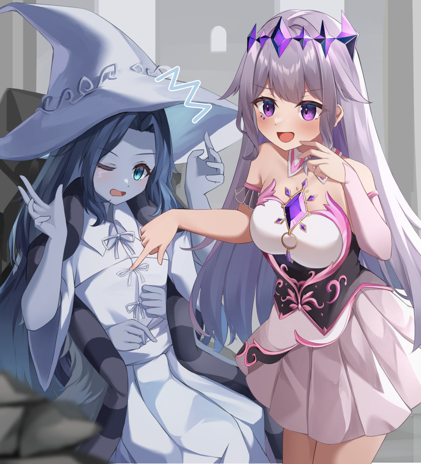 2girls, absurdres, blue_dress, blue_eyes, blue_hair, blue_hat, blue_skin, blush