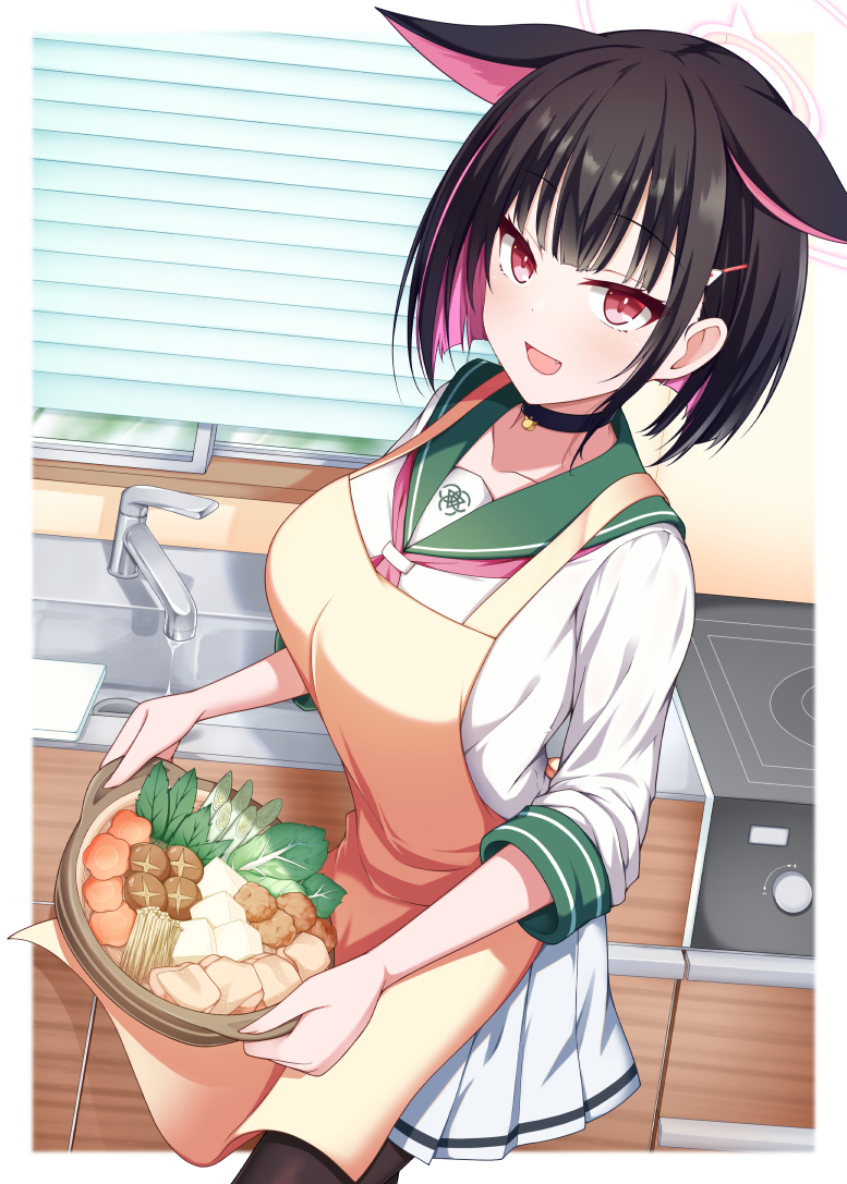 1girl, :d, adapted_costume, animal_ears, apron, black_choker, black_hair, black_pantyhose