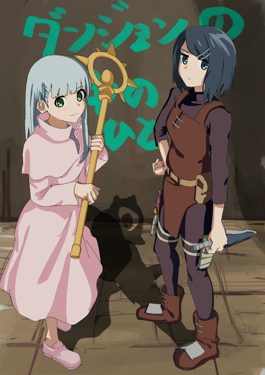 2girls, absurdres, averting_eyes, belle_(dungeon_people), belt_pouch, black_pants, blue_hair, breasts