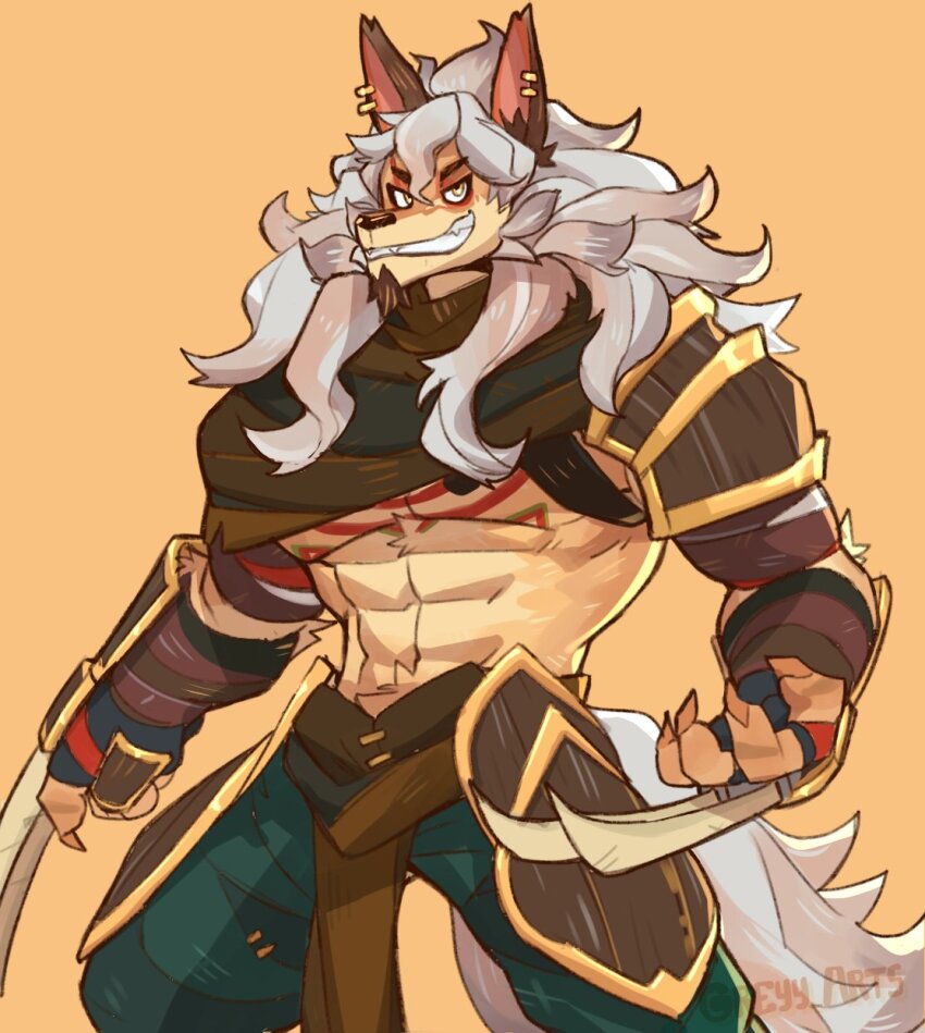 1boy, abs, afk_(series), afk_journey, animal_ears, artist_name, bara, claw_(weapon)