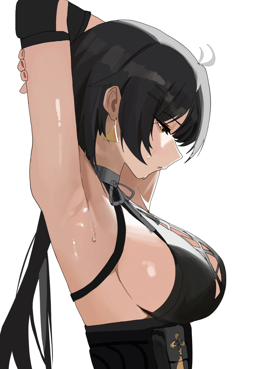 1girl, absurdres, arm_up, armpit_focus, armpits, black_hair, breasts, commentary, cross-laced_clothes, earrings, elbow_pads, female_rover_(wuthering_waves), from_side, half-closed_eye, highres, jewelry, large_breasts, long_hair, looking_down, profile, riel_(rielilu), rover_(wuthering_waves), sideboob, simple_background, solo, sweat, sweatdrop, triangle_earrings, upper_body, white_background, wuthering_waves, yellow_eyes