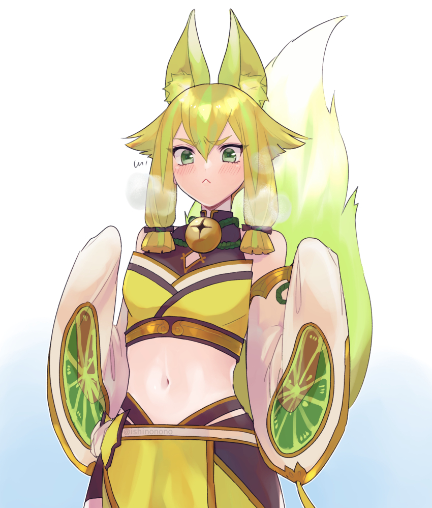 1girl, :<, animal_ear_fluff, animal_ears, bare_shoulders, bell, blonde_hair, blush