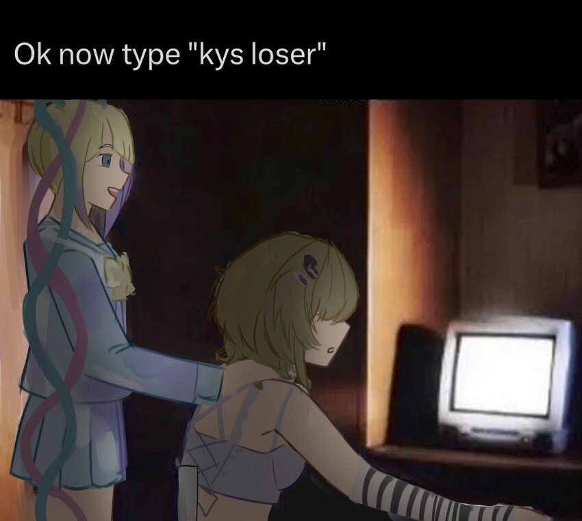 2girls, auritrance, blue_serafuku, bow, chouzetsusaikawa_tenshi-chan, computer, hair_bow, highres, meme, monitor, multiple_girls, multiple_hair_bows, needy_girl_overdose, ok_now_type_kill_yourself_loser_(meme), para_para, quad_tails, rinkou_ashelia, school_uniform, serafuku, sitting, yellow_bow