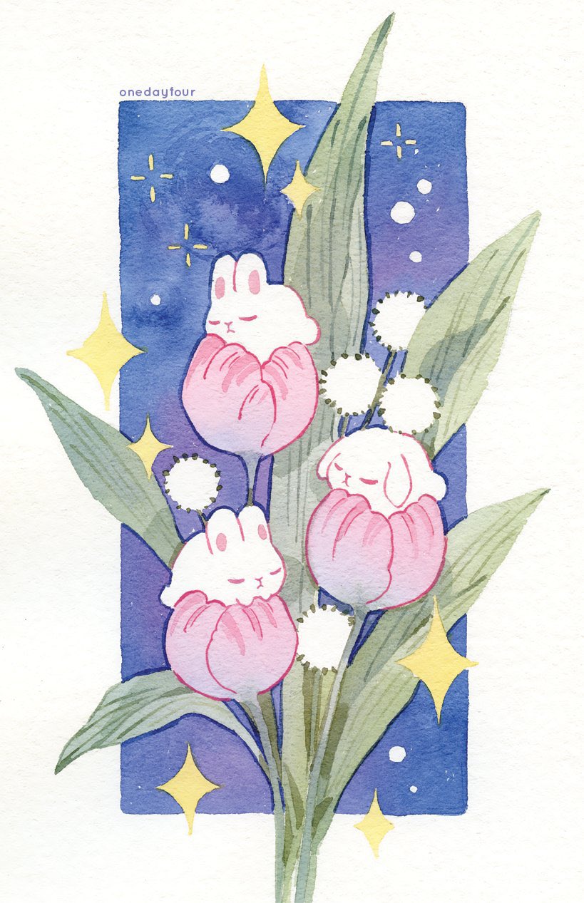 animal_focus, artist_name, blue_background, border, closed_eyes, closed_mouth, flower, highres