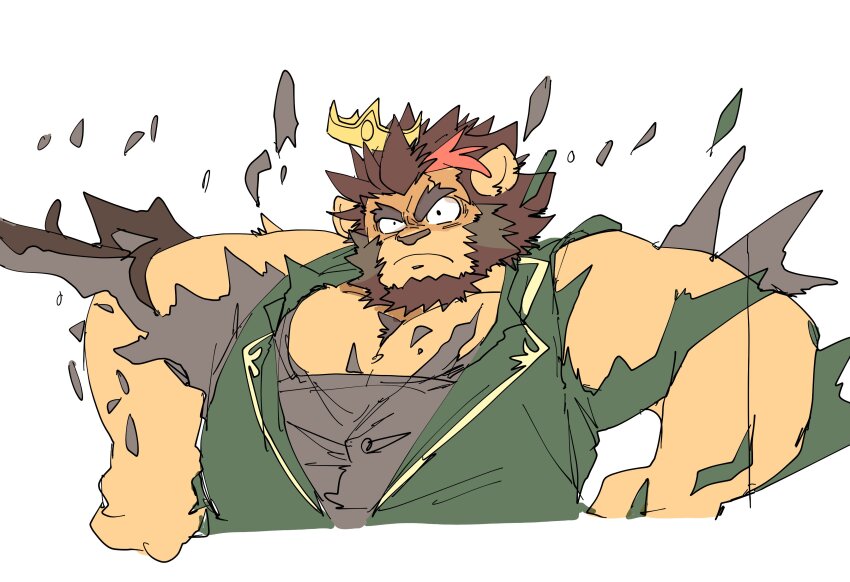 1boy, absurdres, animal_ears, black_shirt, closed_mouth, coat, commentary_request, crave_saga, crown, ellie_saionji, furry, furry_male, green_coat, highres, karaha_(crave_saga), lion_boy, lion_ears, lion_mane, male_focus, multicolored_hair, muscular, muscular_male, shirt, streaked_hair, torn_clothes, white_background