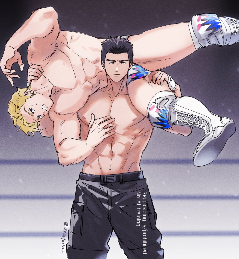 2boys, abs, ao_isami, bara, black_hair, blonde_hair, blue_eyes, commentary, cross-laced_footwear, knee_pads, lewis_smith, maji_(m), male_focus, multiple_boys, muscular, muscular_male, navel, nipples, pectorals, short_hair, untranslatable_commentary, topless_male, twitter_username, wrestling, wrestling_ring, yuuki_bakuhatsu_bang_bravern