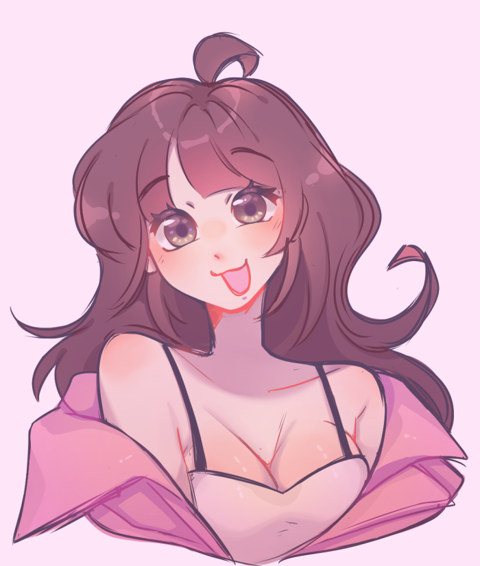 1girl, blush, breasts, brown_eyes, brown_hair, camisole, cleavage, head_tilt, jacket, linyuusu, long_hair, looking_at_viewer, medium_breasts, off_shoulder, open_mouth, original, pink_background, pink_jacket, portrait, smile, solo, white_camisole