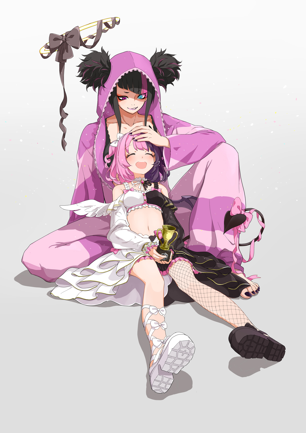 2girls, amaki_pururu, asymmetrical_footwear, bat_wings, black_bow, black_footwear, black_hair, black_nails