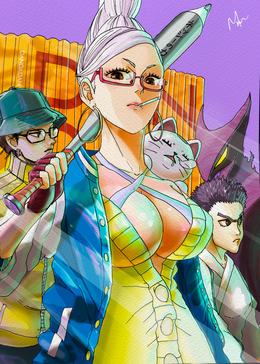 absurdres, ayase_seiko, baseball_bat, breasts, dandadan, highres, kashimoto_(dandadan), large_breasts, long_hair, manjiro_(dandadan), payase_(dandadan), turbo_granny_(dandadan)