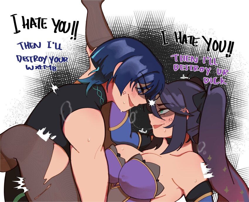 1boy, 1girl, absurdres, anger_vein, bare_shoulders, between_legs, black_bodysuit, black_bow, black_hair, blue_sleeves, blunt_ends, blush, bodystocking, bodysuit, bow, boy_on_top, breasts, couple, detached_sleeves, english_text, from_side, genshin_impact, gold_trim, gradient_hair, hair_between_eyes, hair_bow, hetero, highres, koviiy, large_breasts, leg_lift, leg_lock, leg_up, leotard, lightning_glare, long_hair, looking_at_another, mona_(genshin_impact), multicolored_hair, open_mouth, pantyhose, partially_shaded_face, pink_hair, purple_eyes, purple_hair, purple_leotard, sanpaku, scaramouche_(genshin_impact), sideways_mouth, star_(symbol), star_print, sweat, torn_clothes, torn_pantyhose, tsundere, twintails, twitching, wanderer_(genshin_impact)