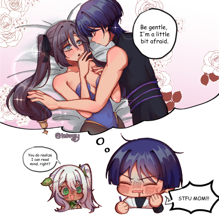 1boy, 2girls, alternate_skin_color, bare_shoulders, belt, black_belt, black_bodysuit, black_bow