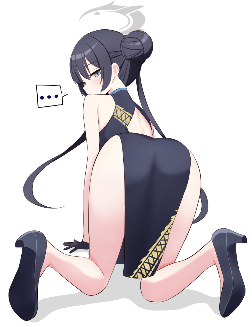 ..., 1girl, absurdres, all_fours, ass, bare_shoulders, black_dress, black_footwear, black_gloves, black_hair, blue_archive, blush, braid, bun_with_braided_base, china_dress, chinese_clothes, commentary_request, double_bun, dress, from_behind, gloves, grey_eyes, grey_halo, hair_bun, halo, high_heels, highres, hururu_game, kisaki_(blue_archive), loli, long_hair, looking_at_viewer, looking_back, pelvic_curtain, simple_background, solo, spoken_ellipsis, twintails, very_long_hair, white_background