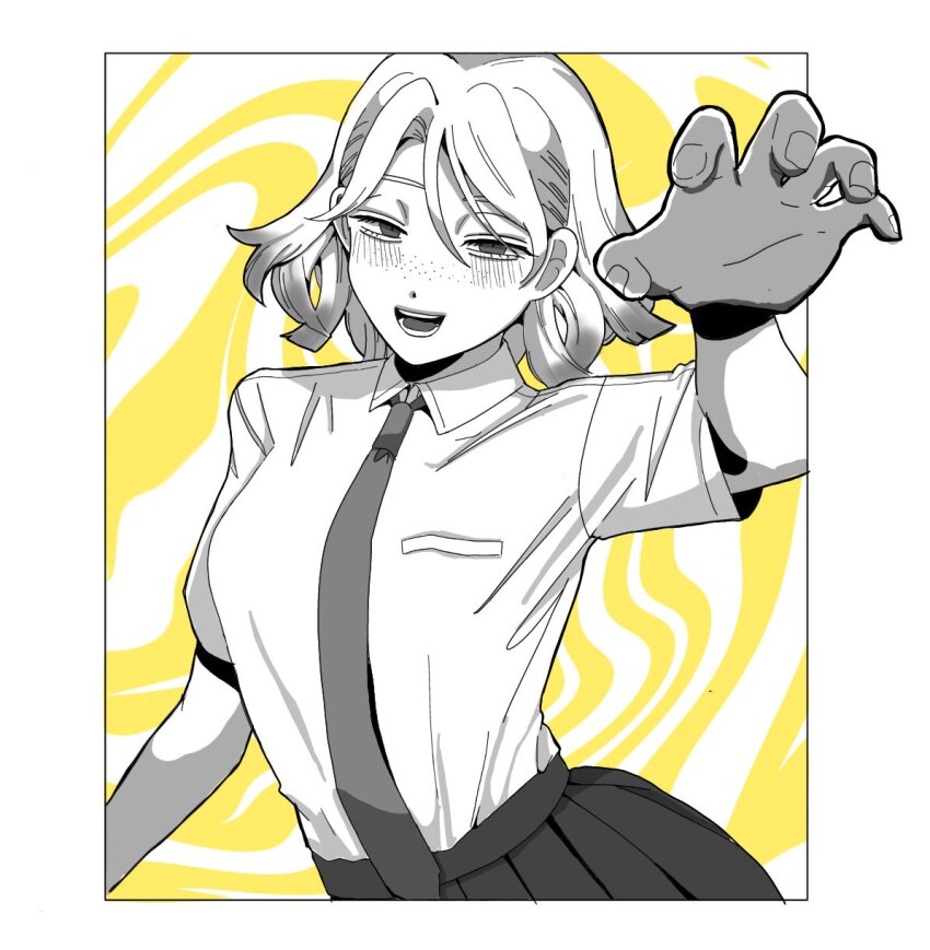 1girl, :d, blunt_ends, blush, breast_pocket, breasts, claw_pose, collared_shirt