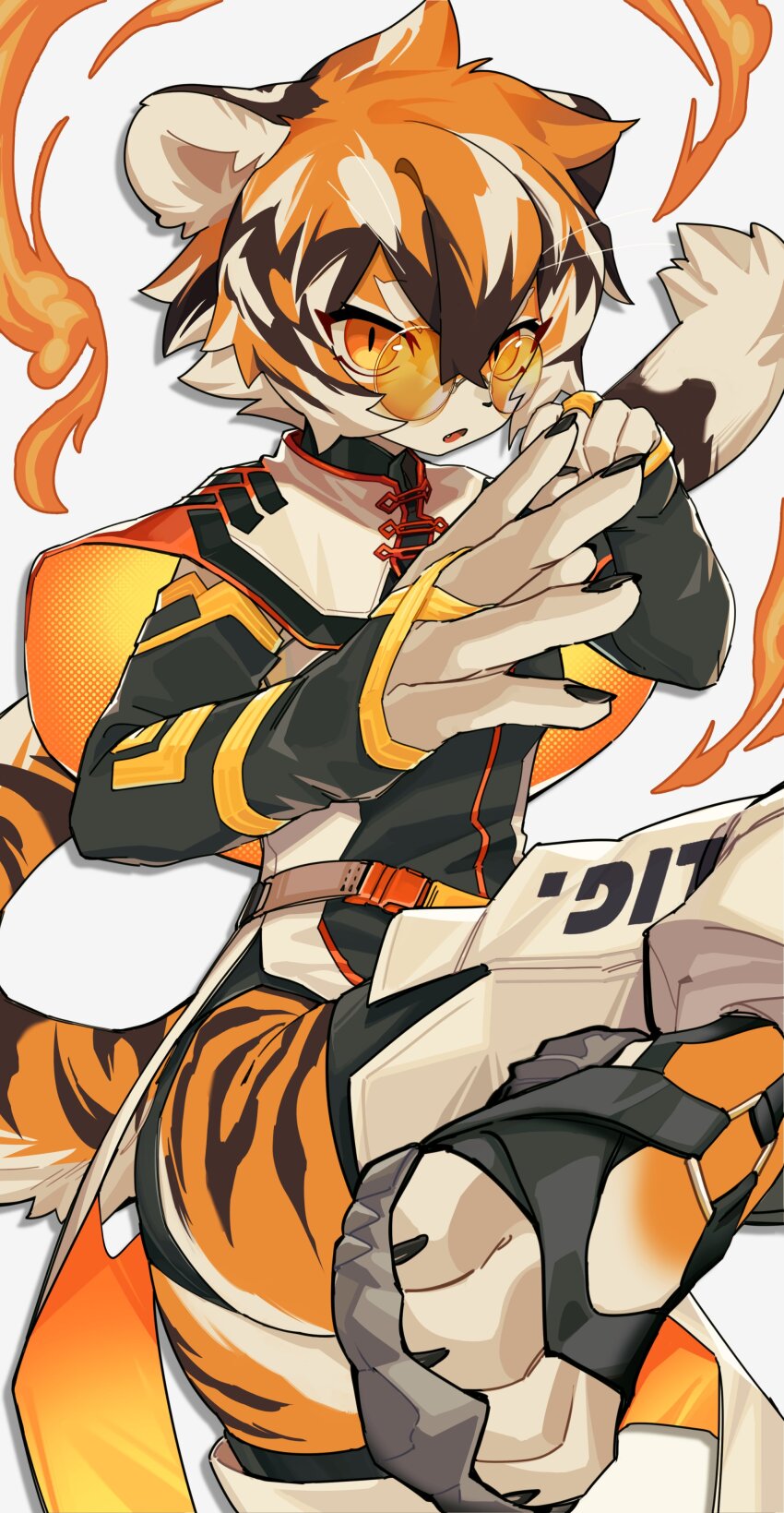 1girl, absurdres, animal_ears, animal_feet, arknights, black_hair, capelet, detached_sleeves, fighting_stance, fire, furry, furry_female, hair_between_eyes, halftone, highres, kung_fu, kurom960, leg_up, leotard, leotard_under_clothes, multicolored_hair, orange-tinted_eyewear, orange_eyes, orange_hair, round_eyewear, sandals, short_hair, solo, standing, standing_on_one_leg, tail, tiger_ears, tiger_girl, tiger_stripes, tiger_tail, tinted_eyewear, waai_fu_(arknights), whiskers, white_background, white_hair