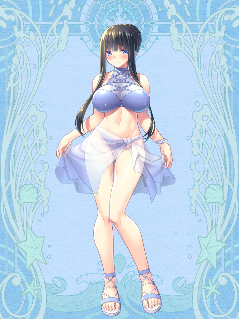 1girl, akito_akaishi, bikini, black_hair, blue_background, blue_eyes, blush, bracelet, dairoku_ryouhei, flower_bracelet, full_body, gluteal_fold, jewelry, long_hair, navel, purple_bikini, sandals, see-through_clothes, solo, standing, swimsuit, thigh_gap, white_nails