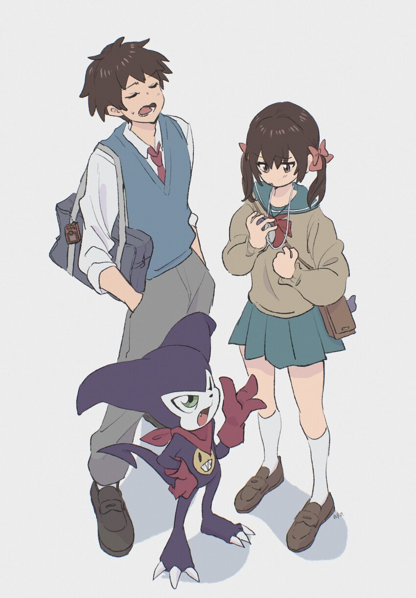 1girl, 2boys, aged_up, ai_(digimon_tamers), bandana, bandana_around_neck, blue_sky, blue_sweater