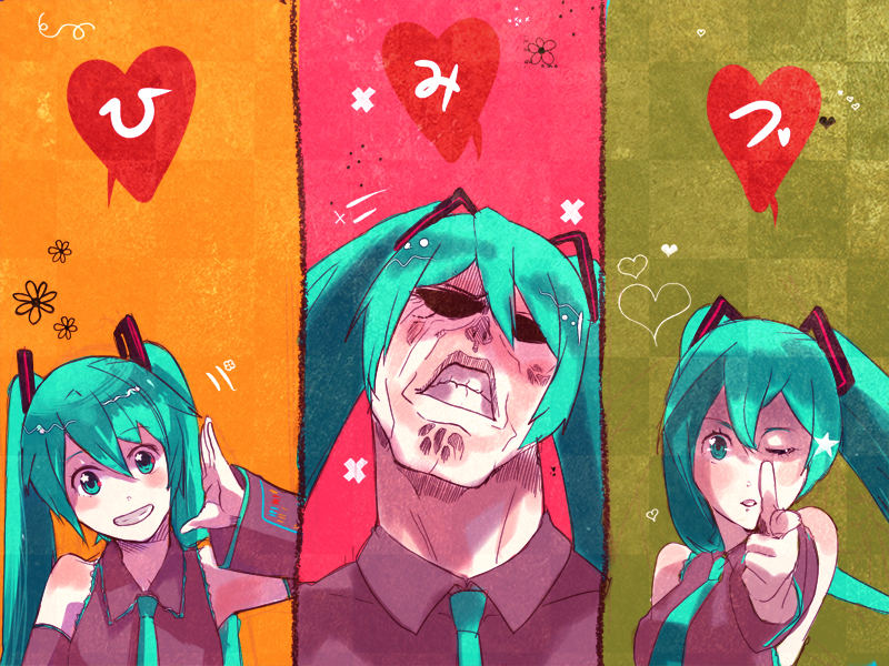 1girl, aqua_eyes, aqua_hair, comic, grin, hatsune_miku, heart, left-to-right_manga