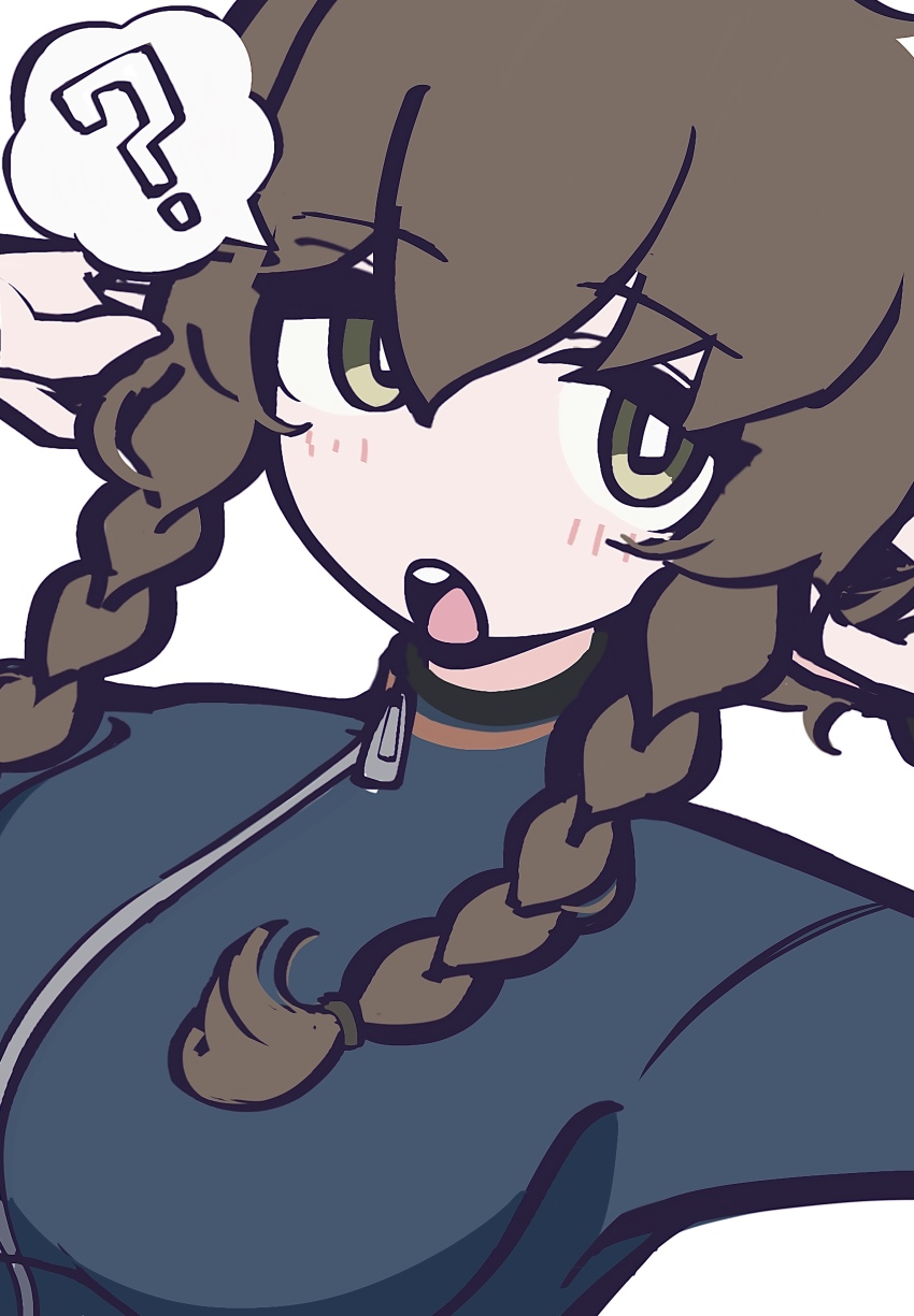 1girl, ?, absurdres, amane_suzuha, blue_jacket, blush, braid, brown_hair, commentary_request, hair_between_eyes, highres, holding, holding_own_hair, jacket, katuo_no, long_hair, looking_at_viewer, no_nose, open_mouth, science_adventure, simple_background, solo, spoken_question_mark, steins;gate, teeth, track_jacket, twin_braids, upper_body, upper_teeth_only, white_background, yellow_eyes, zipper_pull_tab