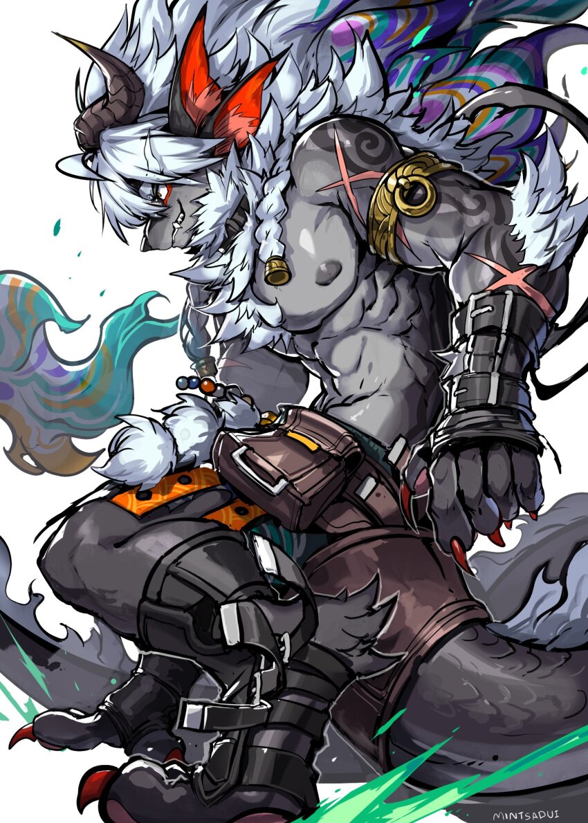 1boy, abs, animal_nose, artist_name, bara, braid, claws, commentary