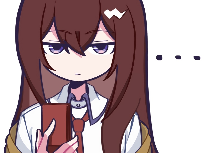 ..., 1girl, :/, cellphone, closed_mouth, collared_shirt, commentary_request, expressionless, flip_phone, hair_between_eyes, highres, holding, holding_phone, jitome, katuo_no, long_hair, makise_kurisu, necktie, no_nose, off_shoulder, phone, purple_eyes, red_hair, red_necktie, science_adventure, shirt, sidelocks, simple_background, steins;gate, upper_body, white_background, white_shirt