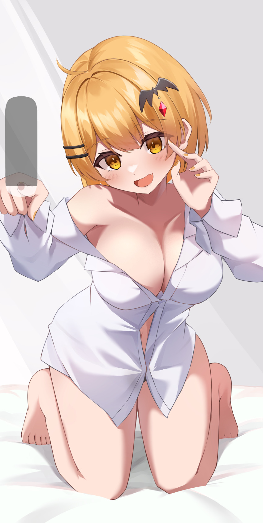 1girl, absurdres, bat_hair_ornament, blonde_hair, blush, breasts, cet_(hajisirazunoko), cleavage