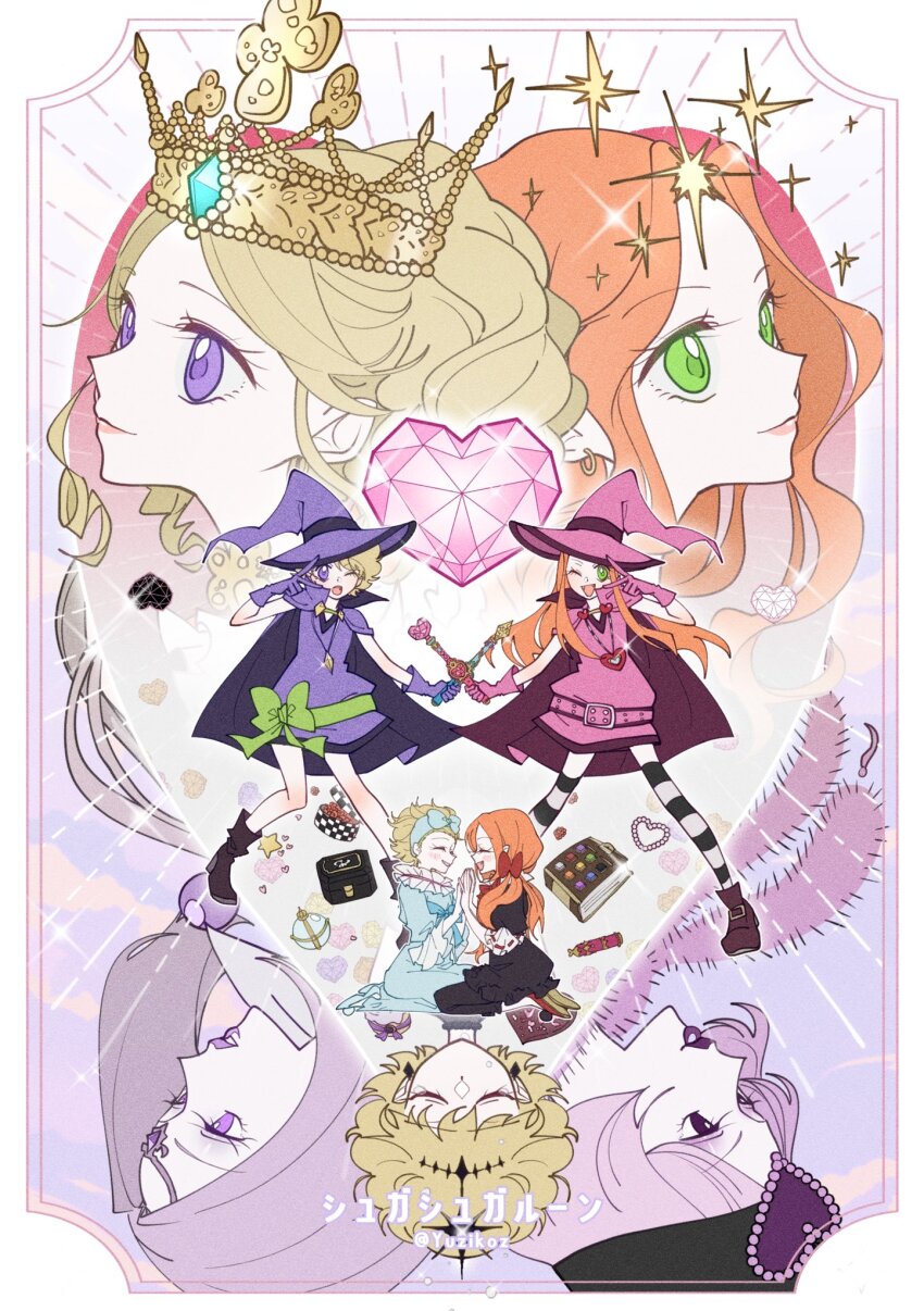 4girls, blonde_hair, book, boots, candy_mieux, cape, chocolat_meilleure, cinnamon_meilleure, commentary, crown, dress, gloves, green_eyes, hashtag-only_commentary, hat, heart, highres, holding, holding_wand, long_hair, magical_girl, mother_and_child, mother_and_daughter, multiple_girls, multiple_views, orange_hair, pajamas, parent_and_child, pink_dress, pink_gloves, pink_hat, profile, purple_dress, purple_eyes, purple_gloves, purple_hat, short_hair, smile, sparkle, striped_clothes, striped_thighhighs, sugar_sugar_rune, thighhighs, twitter_username, untranslatable_commentary, vanilla_mieux, wand, witch, witch_hat, yuzikoz_mega
