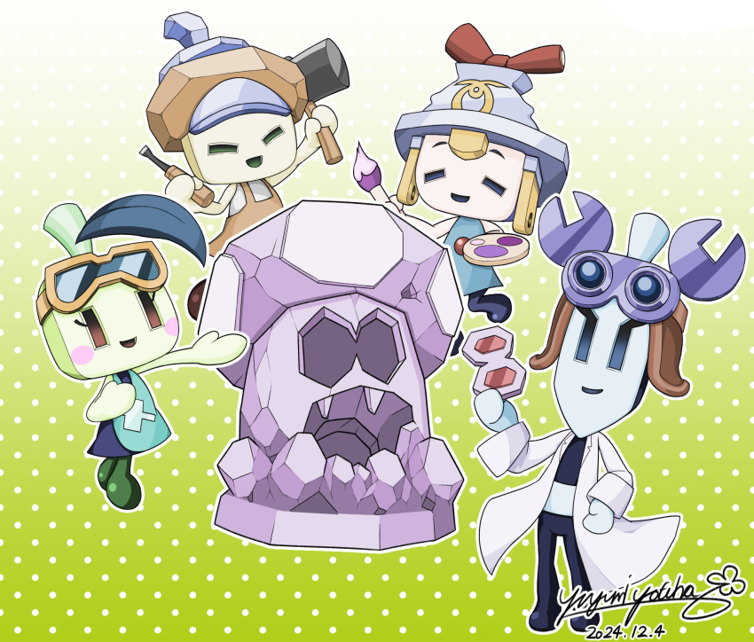 4girls, apron, blue_apron, blush_stickers, chisel, connie_(mario), dated, goggles