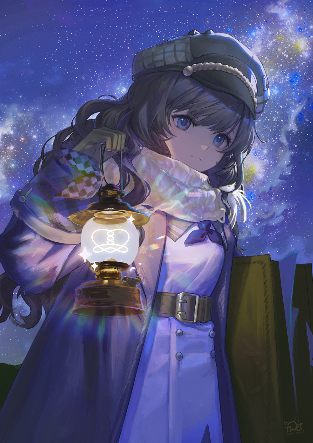 1girl, belt, blue_coat, blue_eyes, blue_neckerchief, blue_sky, brown_belt, brown_gloves