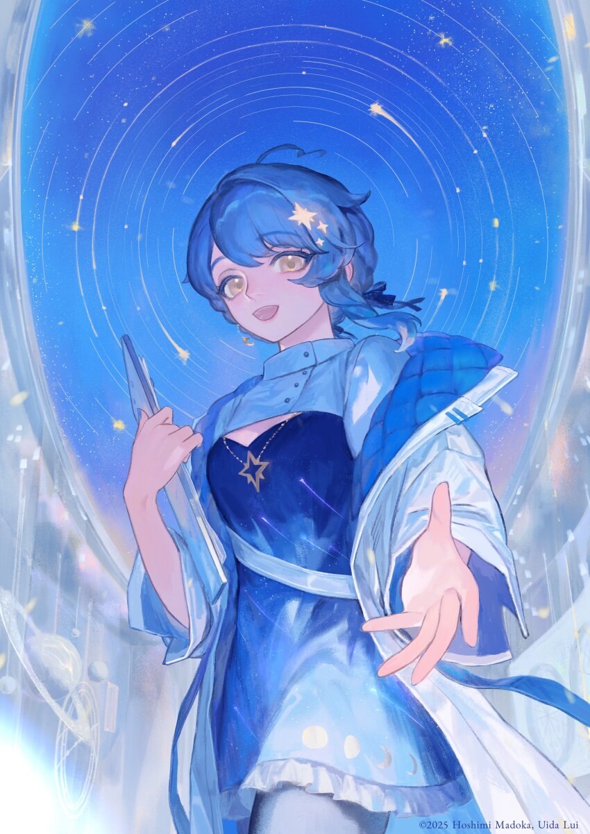 1girl, absurdres, antenna_hair, artist_name, blue_dress, blue_theme, braid, character_name