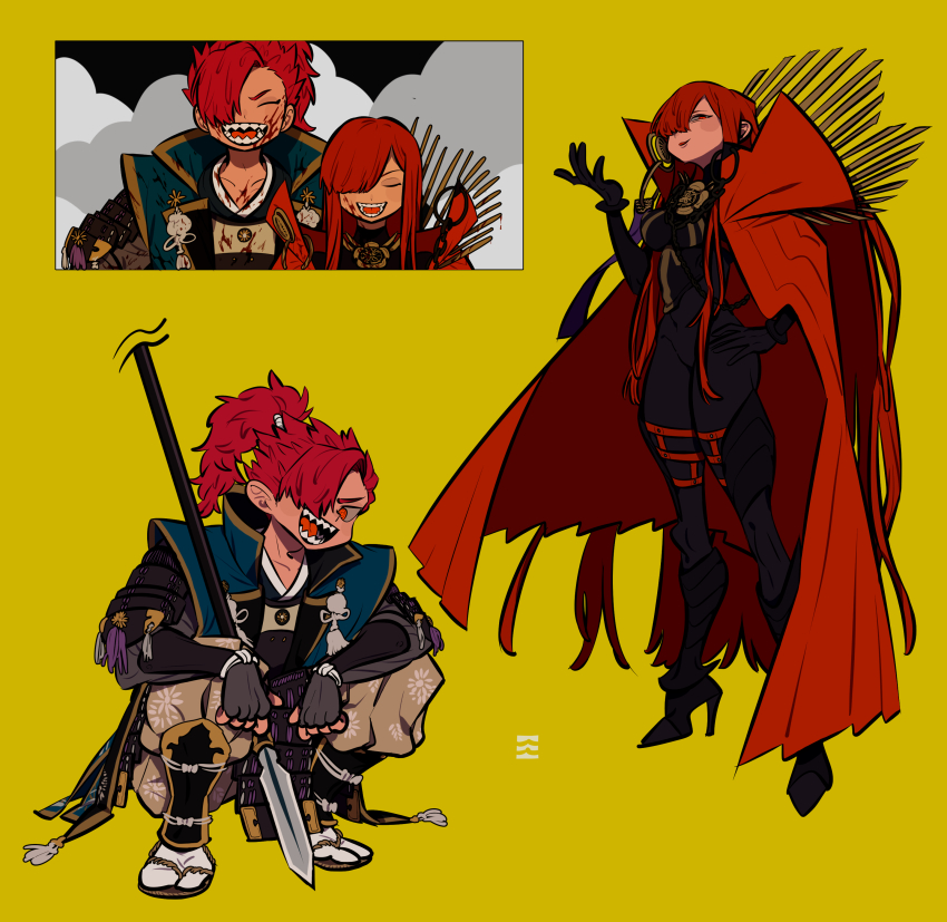 1boy, 1girl, absurdres, armor, arms_on_knees, bad_id, bad_twitter_id, black_bodysuit