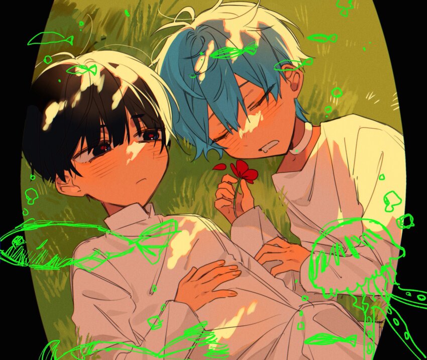 2boys, aged_down, alien_stage, black_hair, choker, closed_eyes, commentary, fish, flower, grass, grey_hair, highres, ivan_(alien_stage), jellyfish, kikurage_ii, long_sleeves, looking_at_another, lying, male_focus, multiple_boys, on_back, on_ground, on_side, red_flower, red_pupils, shirt, short_hair, sleeping, till_(alien_stage), very_short_hair, white_choker, white_shirt