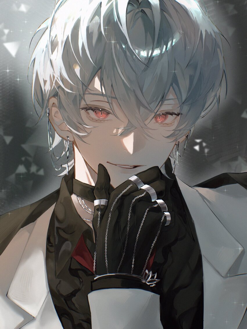 1boy, black_choker, black_coat, black_gloves, black_shirt, choker, coat, coat_on_shoulders