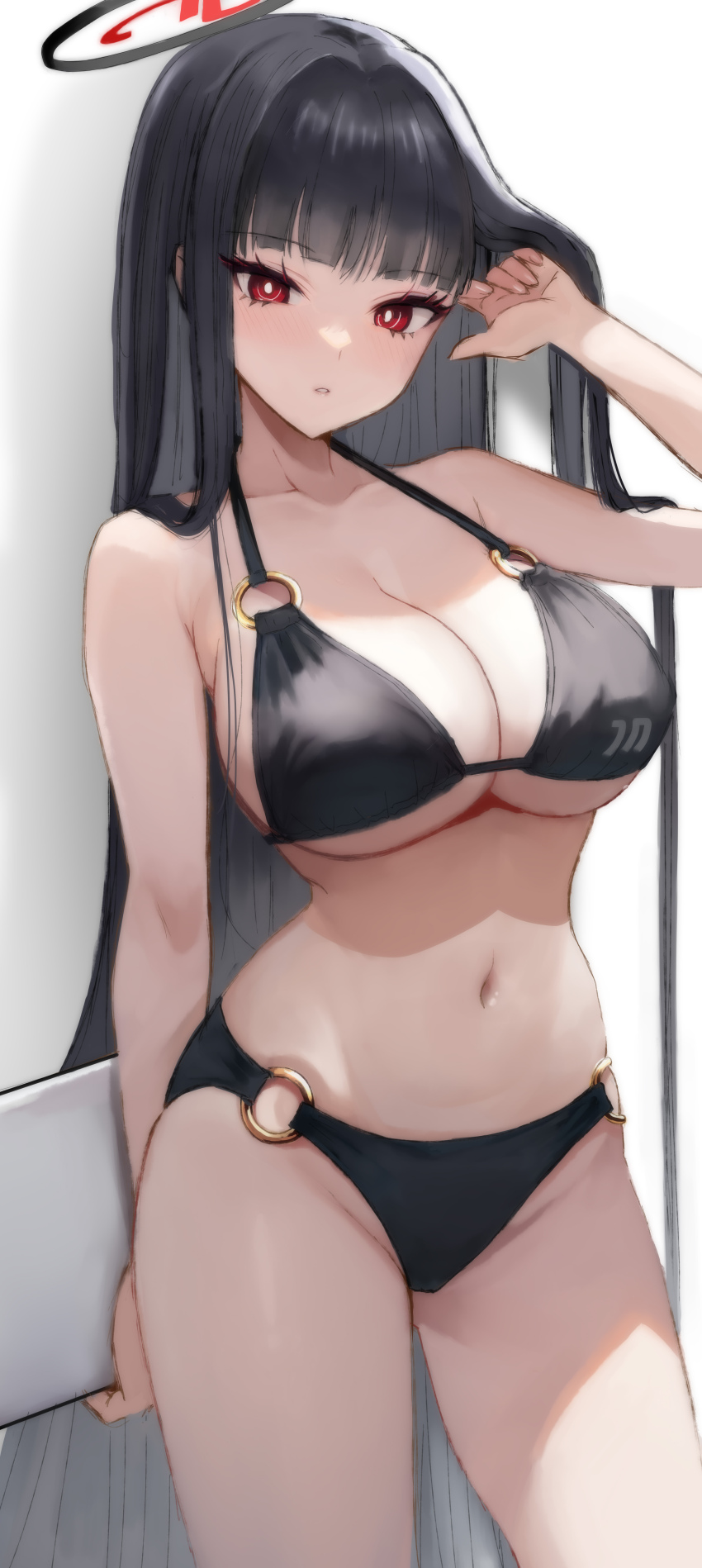 1girl, absurdres, adjusting_hair, bikini, black_bikini, black_hair, blue_archive, breasts