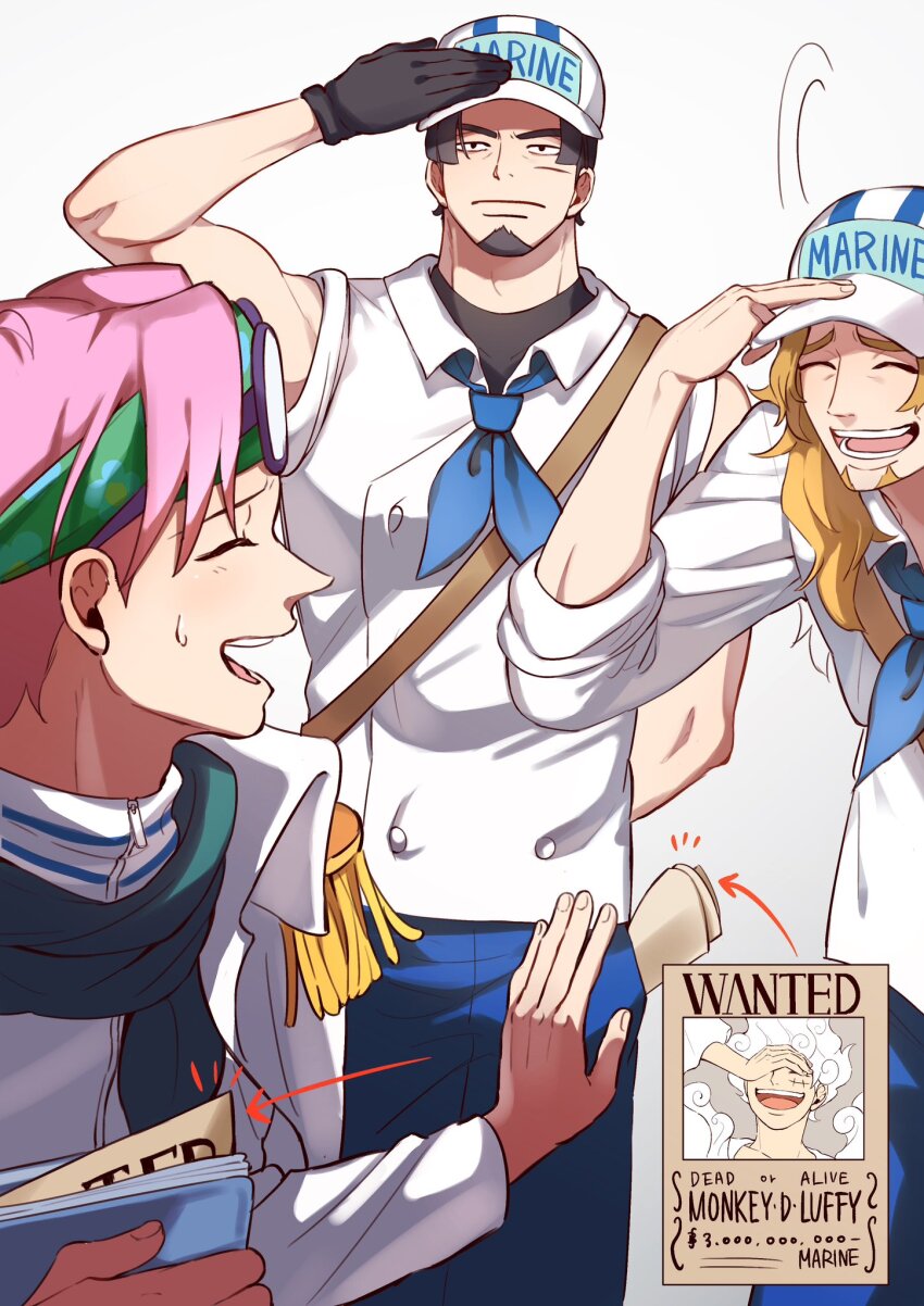 3boys, ^_^, black_gloves, blonde_hair, brown_hair, closed_eyes, commentary_request, d_e_r_e_l