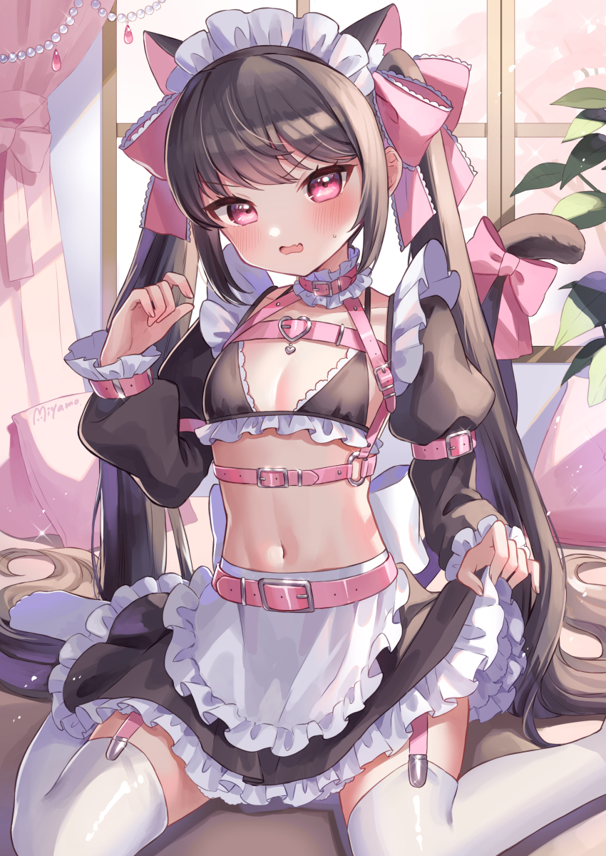1girl, absurdres, animal_ear_fluff, animal_ears, apron, artist_name, belt, black_bra, black_hair, bow, bra, breasts, cat_ears, commentary_request, curtains, frilled_bow, frilled_bra, frilled_skirt, frills, garter_straps, highres, juliet_sleeves, long_sleeves, looking_at_viewer, maid, maid_headdress, miyamo_(fumifumi_no_ura), multiple_belts, navel, open_mouth, original, pillow, pink_belt, pink_bow, pink_eyes, plant, puffy_sleeves, skirt, small_breasts, solo, sparkle, sweatdrop, tail, tail_bow, tail_ornament, thighhighs, twintails, underwear, waist_apron, white_apron, white_thighhighs, window