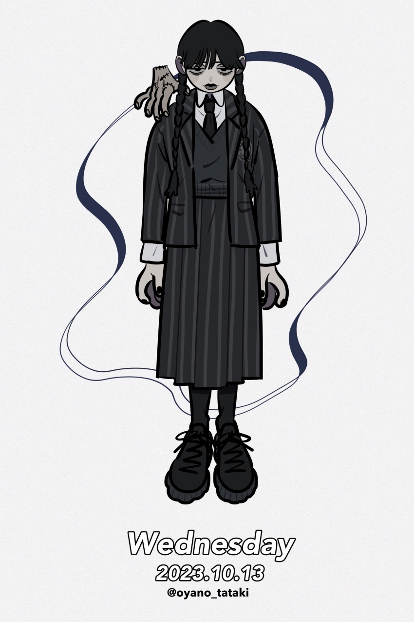 1girl, absurdres, the_addams_family, arms_at_sides, bad_id, bad_twitter_id, bags_under_eyes, braid