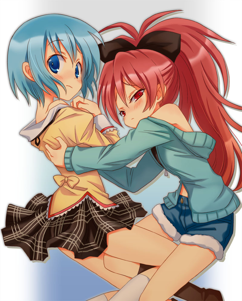 10s, 2girls, bare_legs, bare_shoulders, blue_eyes, blue_hair, blush, girotin_ginza