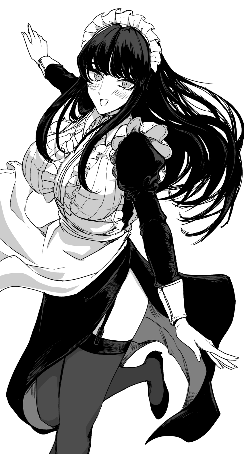 1girl, :d, absurdres, apron, blush, breasts, center_frills, dress