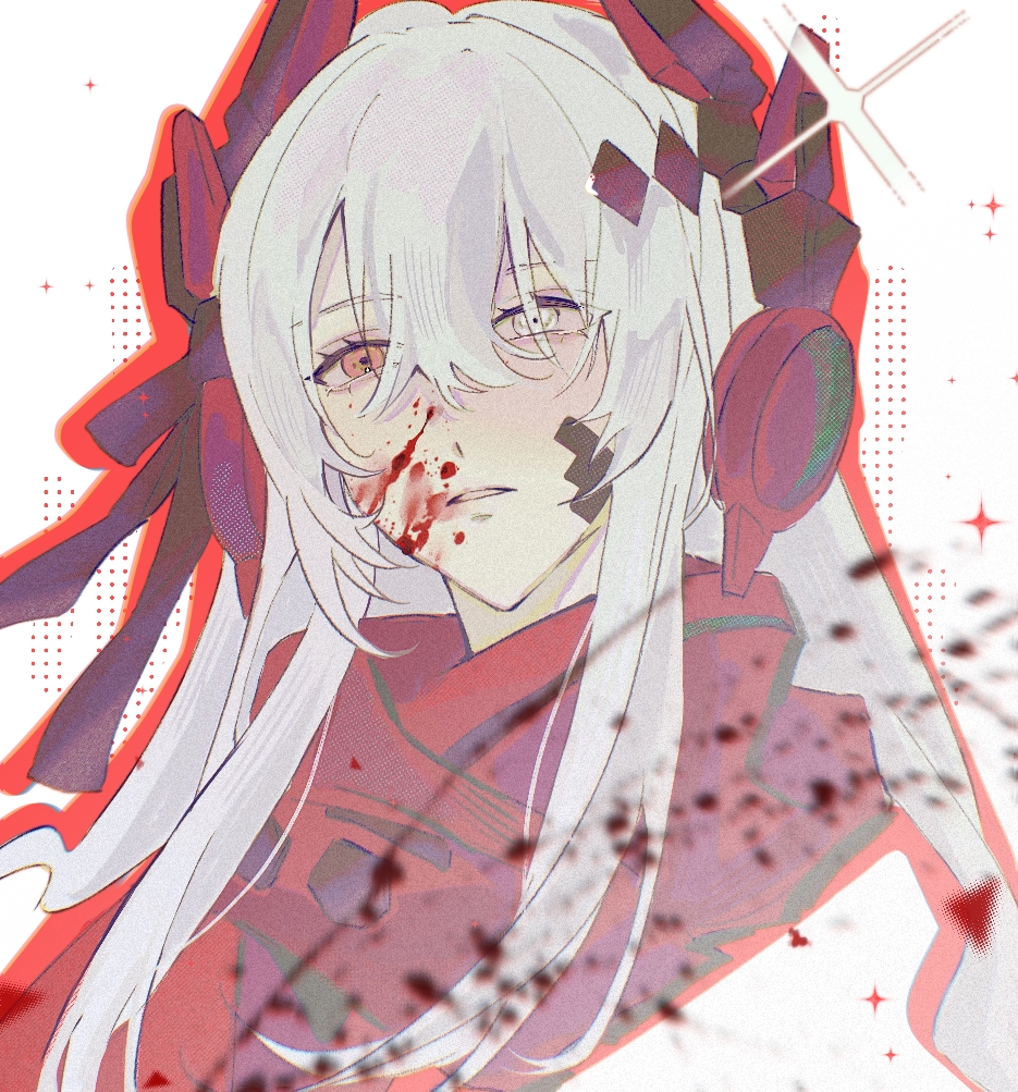 1girl, alkyne_gui, alpha_(pgr), bandaid, bandaid_on_cheek, bandaid_on_face, black_ribbon, blood