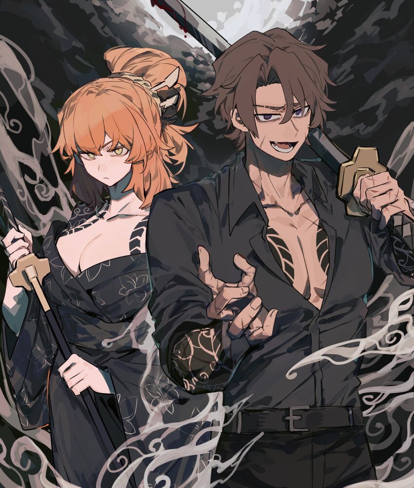 1boy, 1girl, absurdres, belt, black_belt, black_kimono, black_pants, black_sash