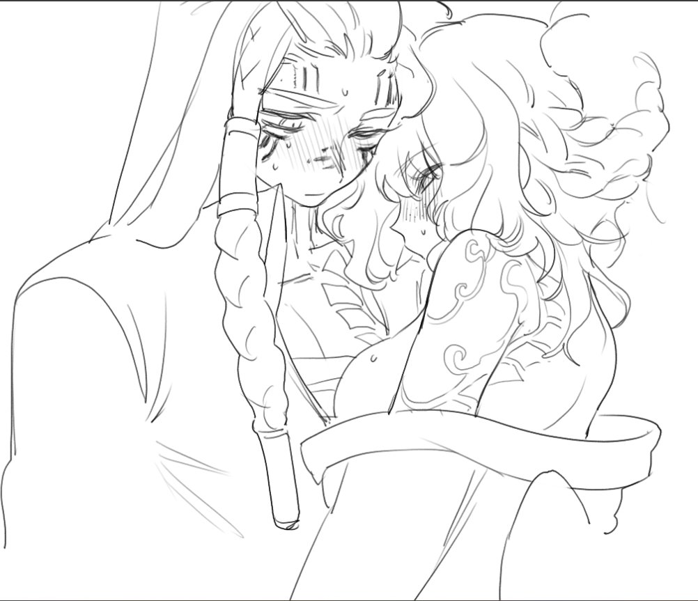 2girls, bare_shoulders, blush, braid, braided_bun, braided_dreadlocks, breast_press, breasts